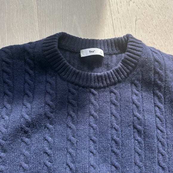 TNA Wool Cashmere Cable Knit Sweater Navy Size Large - Picture 2 of 5
